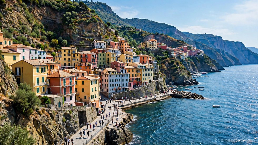 Turisti che passeggiano in un borgo costiero italiano in una giornata di sole.