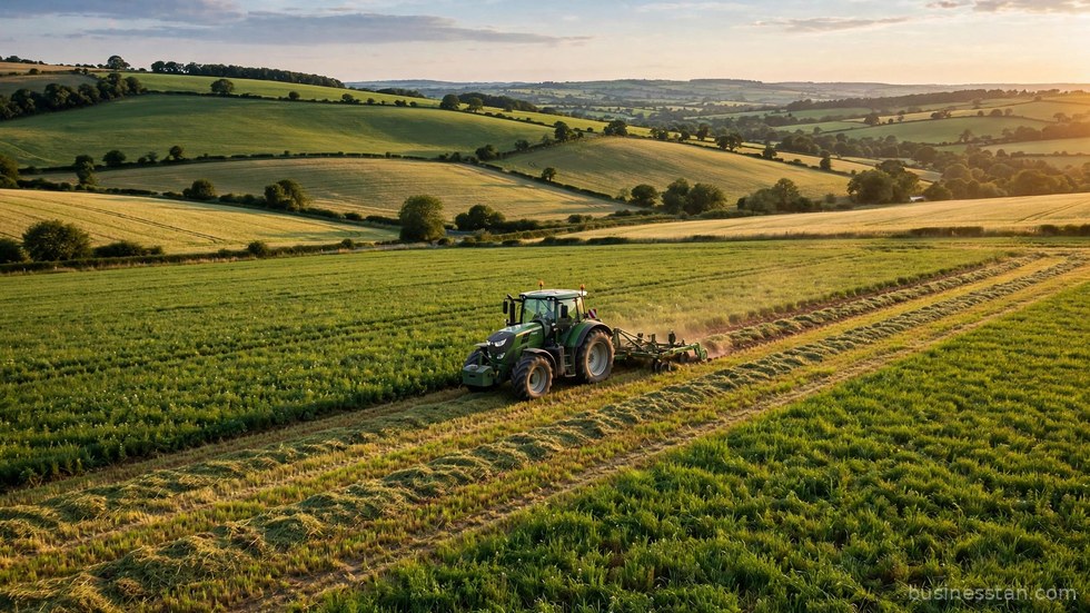 Drone in volo sopra un campo agricolo verde per il monitoraggio delle colture.