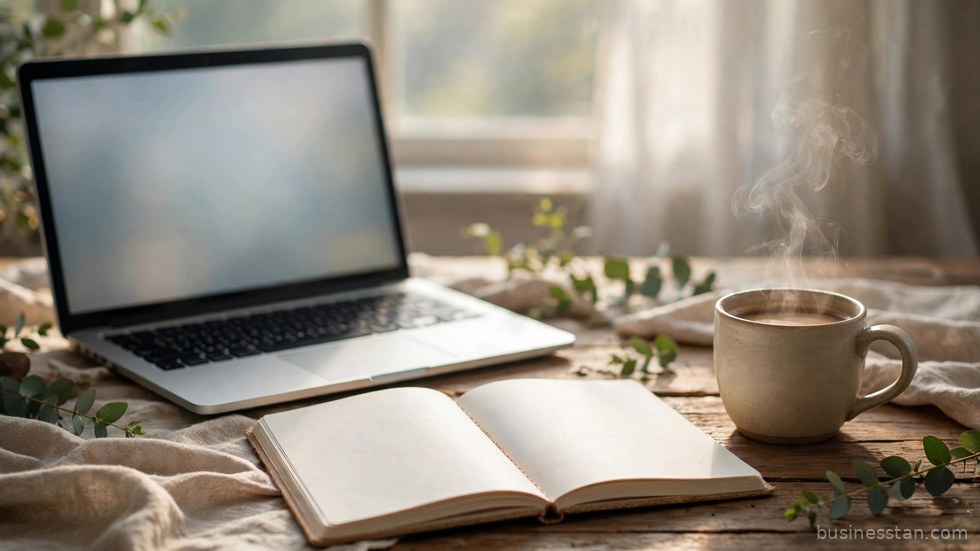 Scrivania di un freelance con laptop, taccuino e tazza di caffè durante una giornata di lavoro da casa.