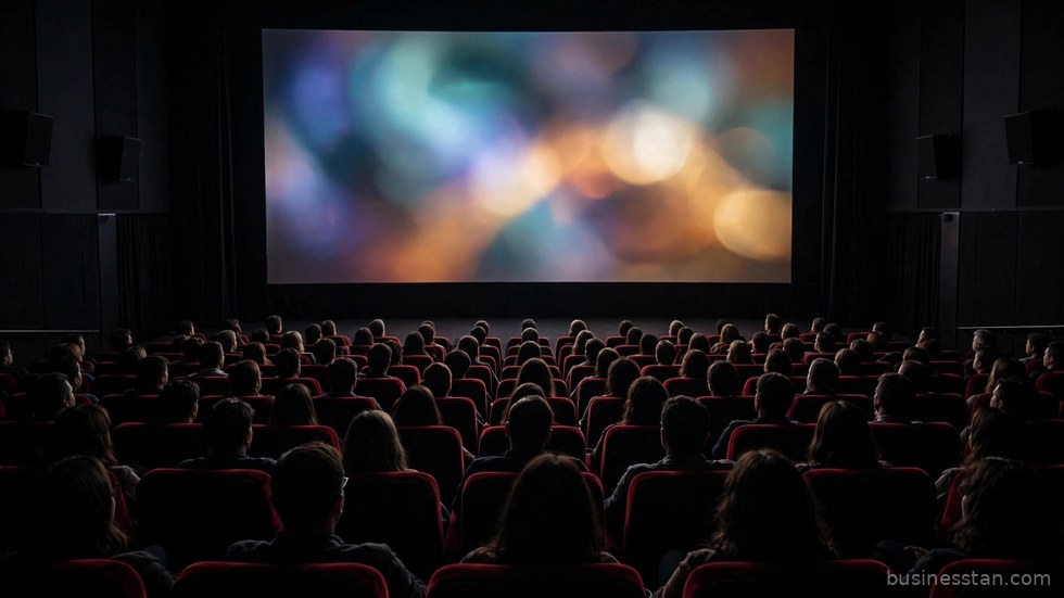 Spettatori seduti in una sala cinematografica buia durante la proiezione di un film.