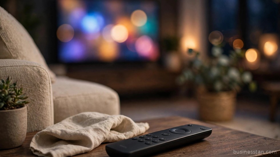 Schermo televisivo con le icone delle principali piattaforme di streaming e telecomando in primo piano.