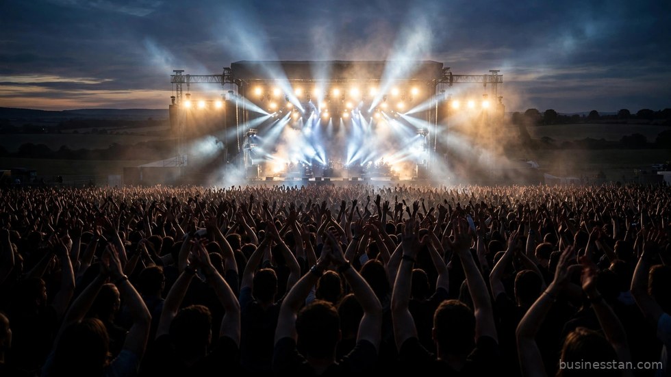 Palco di un concerto all'aperto illuminato di notte davanti a una grande folla.