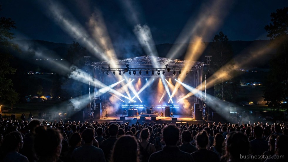 Palco di un concerto all'aperto illuminato di notte davanti a una grande folla.