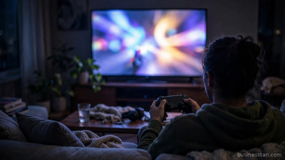 Un giocatore con il controller in mano davanti allo schermo, in un soggiorno poco illuminato.