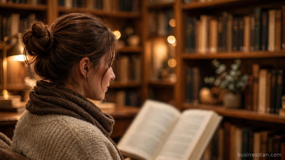 Una lettrice immersa nella lettura in una biblioteca accogliente tra scaffali di libri.