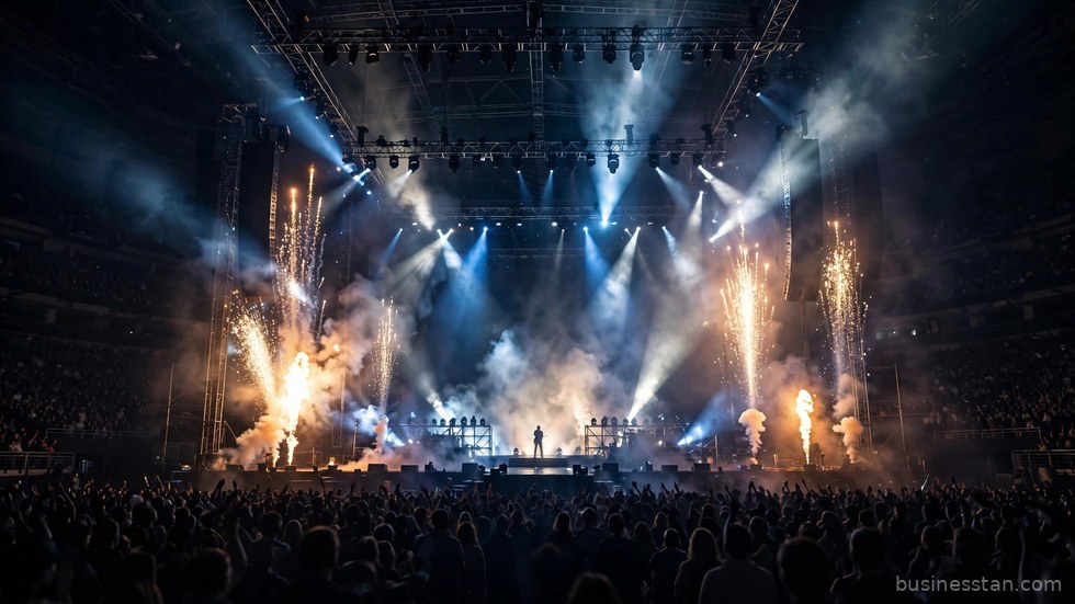 Il pubblico in delirio davanti a un palco illuminato durante un grande show musicale dal vivo.