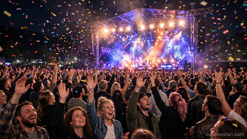 Il pubblico in delirio davanti a un palco illuminato durante un grande show musicale dal vivo.