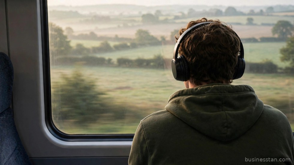 Un pendolare con le cuffie ascolta un podcast durante il viaggio in treno.