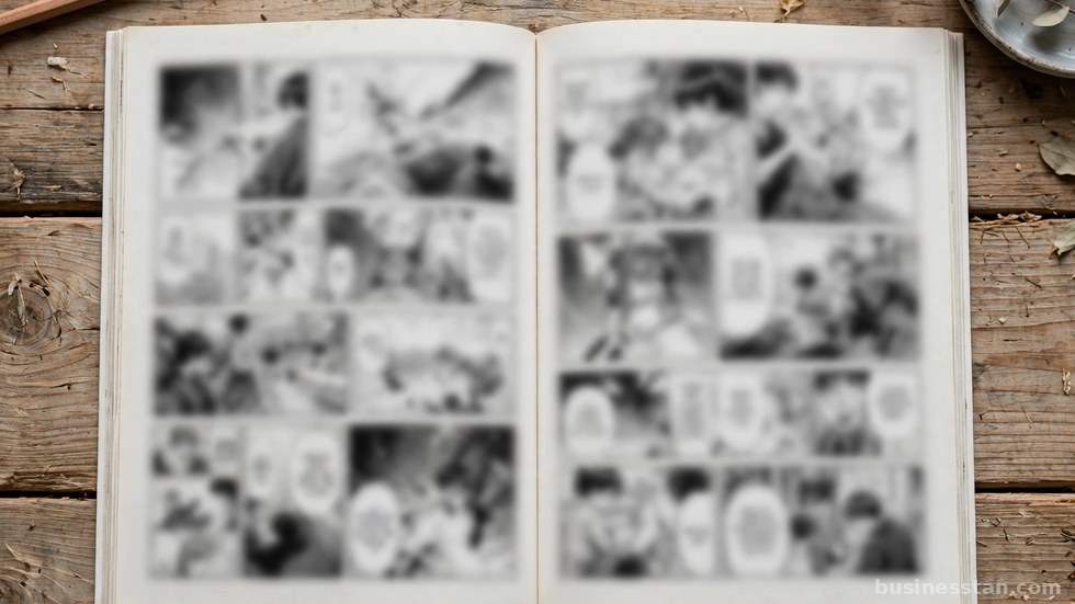 Pagine aperte di un manga con vignette in bianco e nero in primo piano.