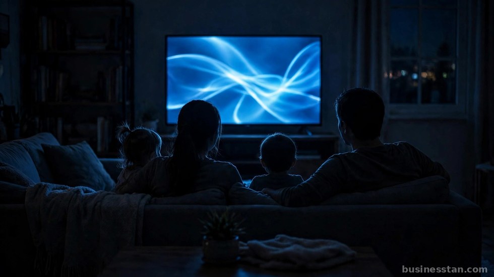Una famiglia riunita sul divano davanti alla televisione durante la prima serata.