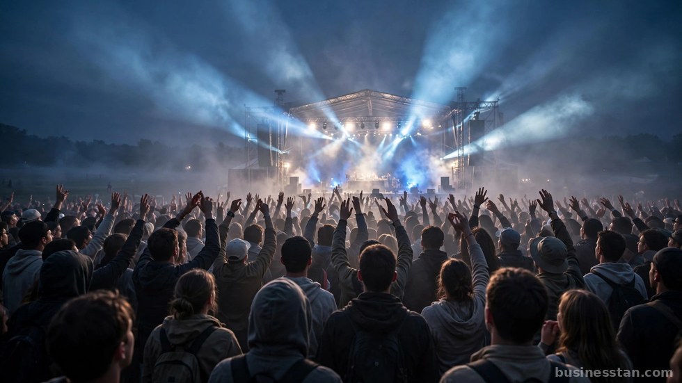 Mani alzate tra la folla davanti al palco di un festival al tramonto.