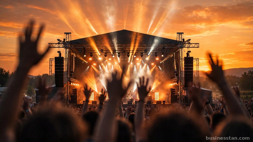 Mani alzate tra la folla davanti al palco di un festival al tramonto.