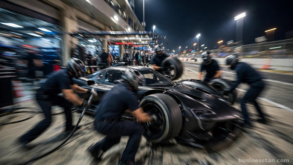 Meccanici al lavoro durante un pit stop di Formula 1.