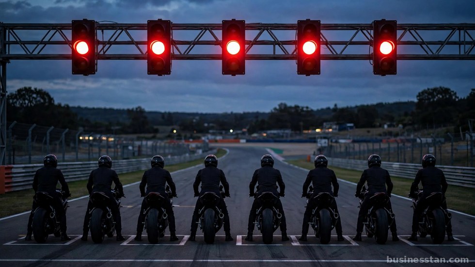 Partenza di una gara motociclistica con i piloti schierati in griglia.
