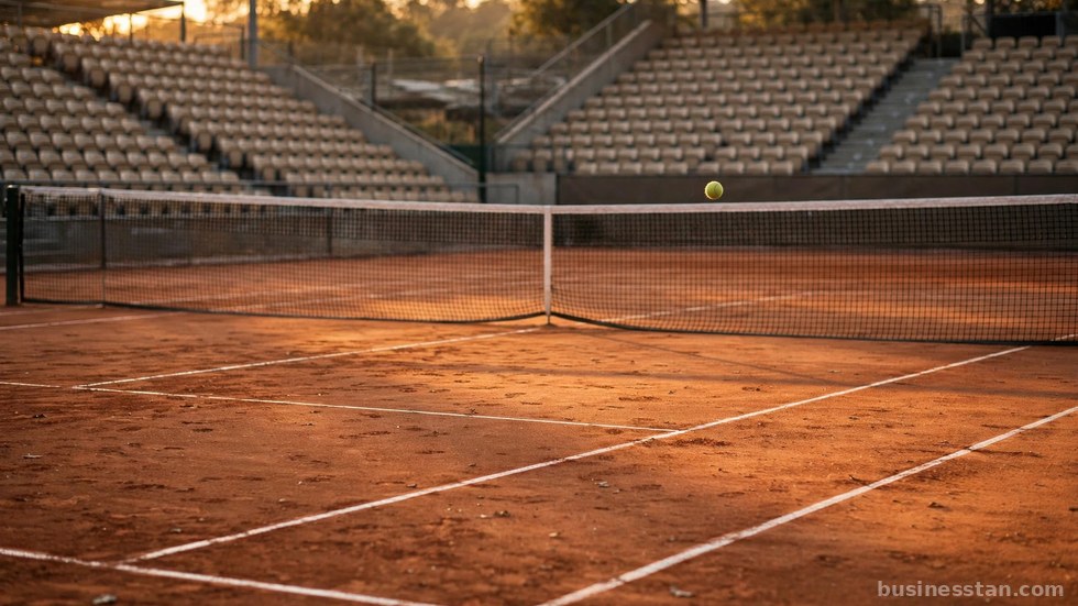 Tennista al servizio durante un match in un grande stadio.
