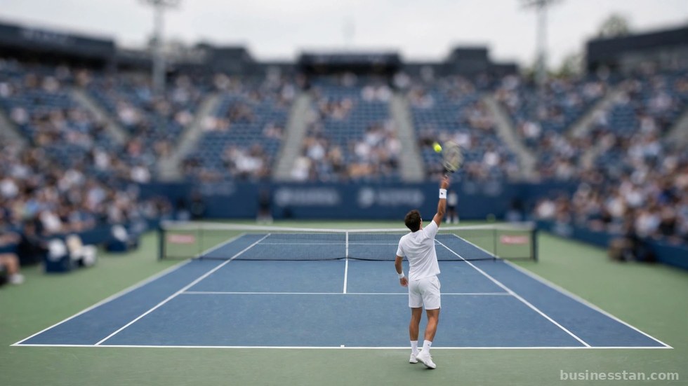 Tennista al servizio durante un match in un grande stadio.
