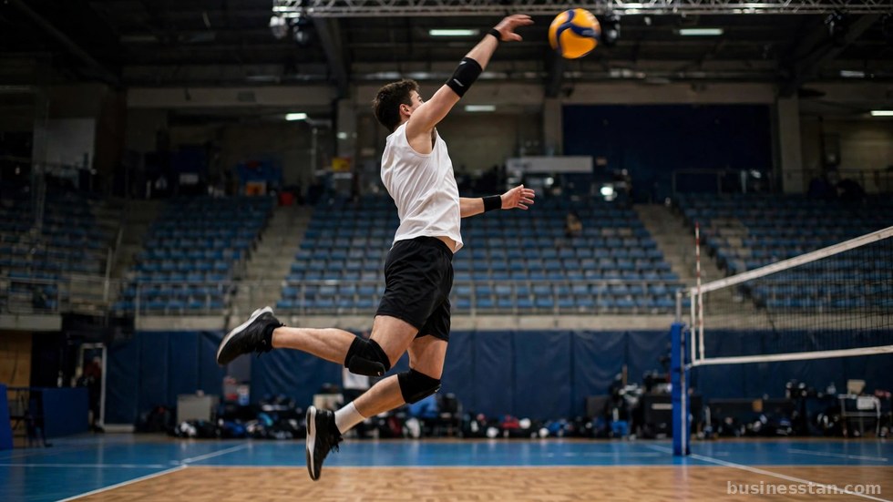 Schiacciatore in elevazione durante un'azione di gioco della pallavolo.